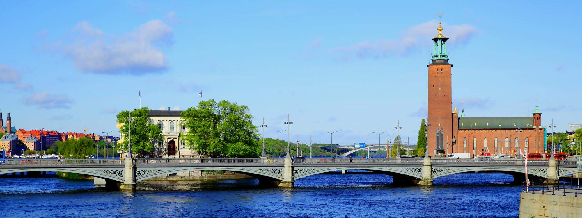 Panoramablick auf die Bruecke und das Rathaus in Stockholm - Schweden